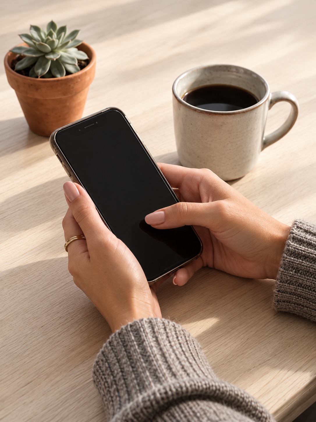 Mãos segurando um celular ao lado de uma xícara de café e uma pequena planta