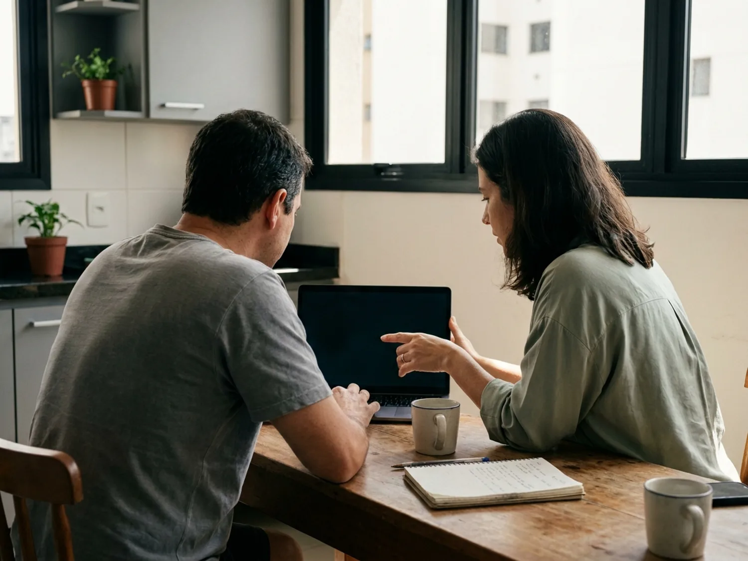 Casal sentado à mesa de casa olhando junto para a tela de um notebook